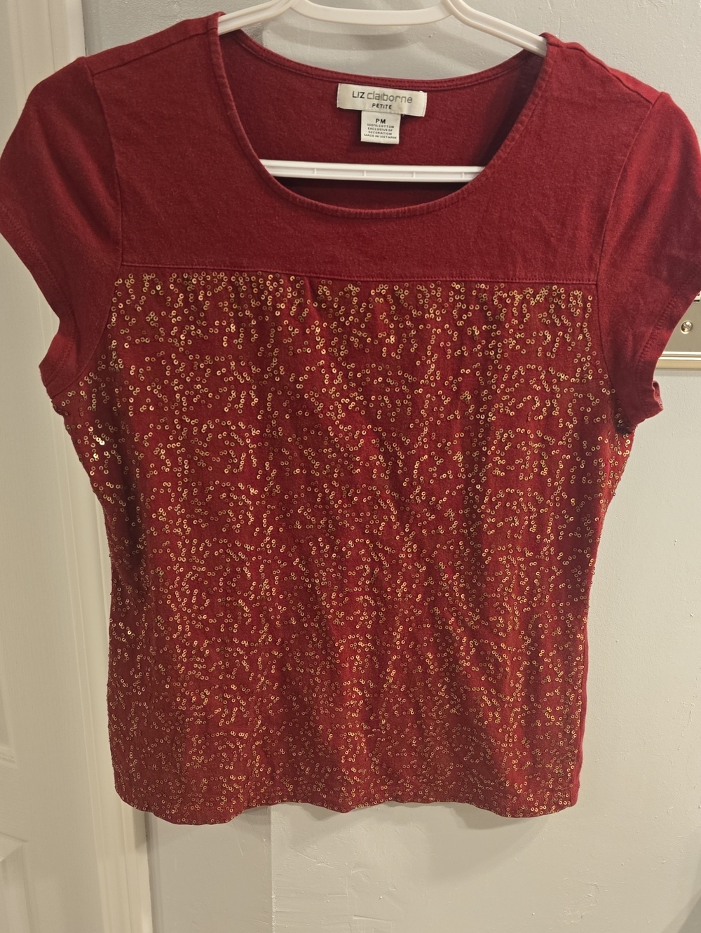 Liz Claiborne Red Short Sleeve Sequin Front Tee
